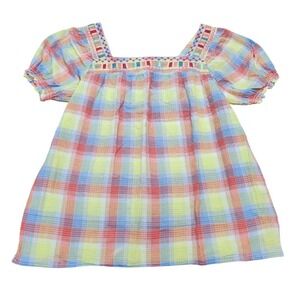 Johnny Was Workshop Plaid Embroidered Square Neck Top‎ Colorful Boho Size M